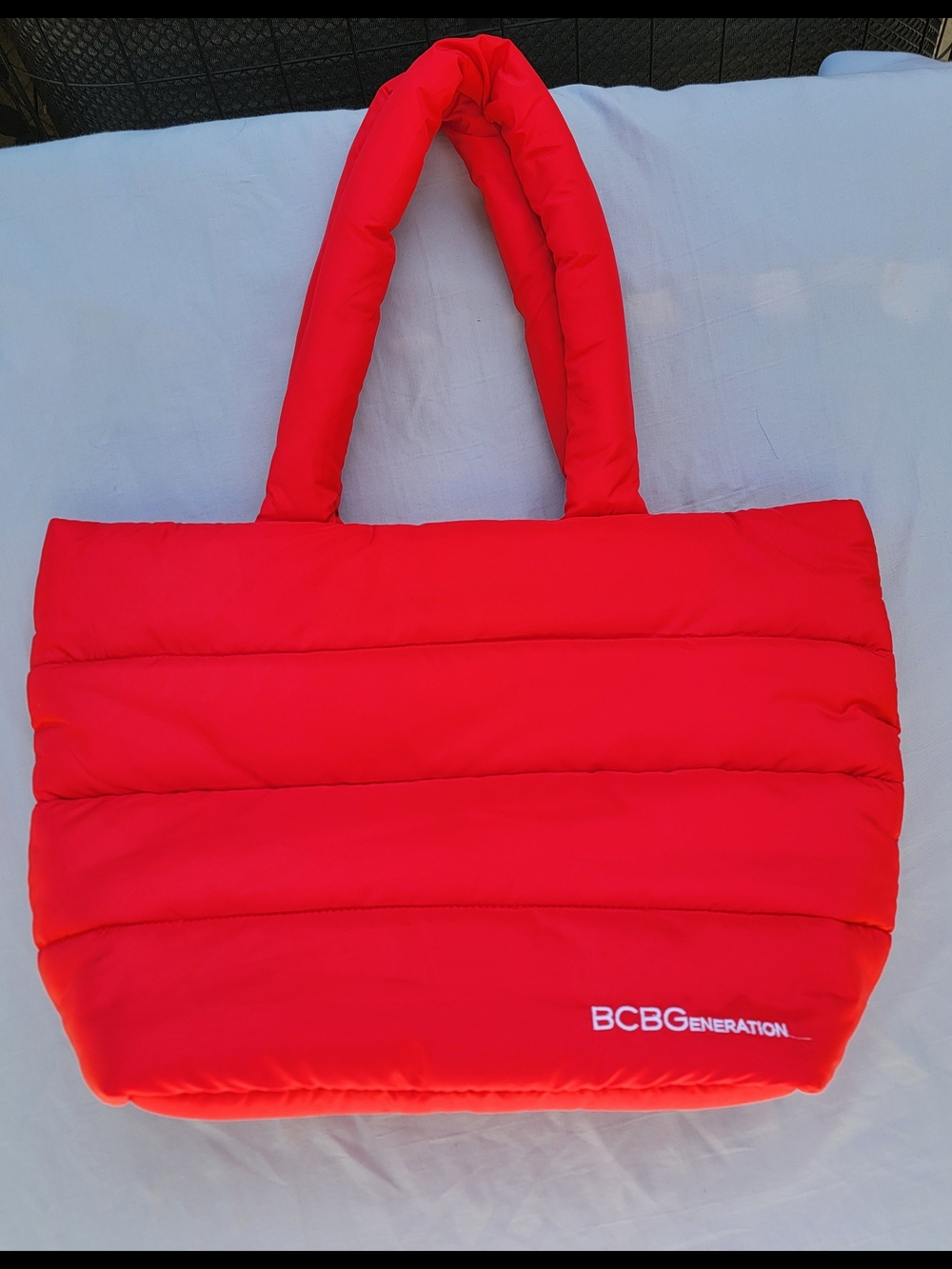 BCBGeneration Red Quilted Puffer Tote Bag Double Handles Embroidered Accents
